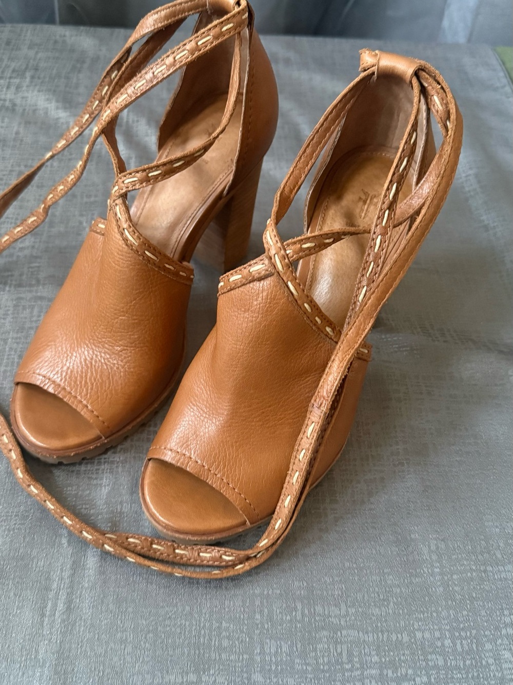 Frye Tan Leather Open-Toe Wrap Sandal Heels